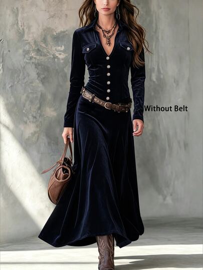 LUMIGAL Women's New Autumn/Winter Fashion Velvet Long Sleeve V-Neck Elegant Dress