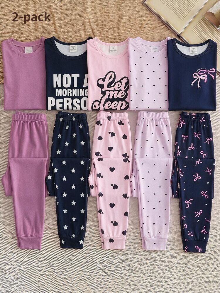Teen Girls Bowknot Pattern Round Neck Top Print Long Pants Navy Blue 2-Piece Set Long Sleeve Snug Fit Soft And Comfortable For Autumn And Winter - Navy Blue - View 1