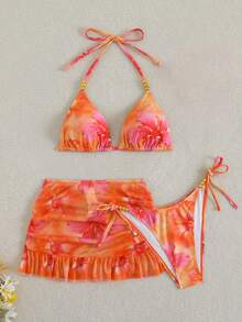 SHEIN Swim 女款3件組花卉隨機印花夏季性感V領掛脖綁帶比基尼套裝附罩衫裙 - 彩色 - 查看 7