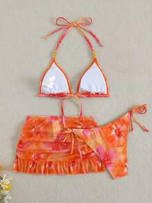 SHEIN Swim 女款3件組花卉隨機印花夏季性感V領掛脖綁帶比基尼套裝附罩衫裙 - 彩色 - 查看 2