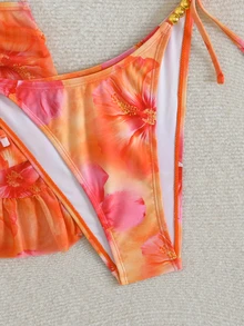 SHEIN Swim 女款3件組花卉隨機印花夏季性感V領掛脖綁帶比基尼套裝附罩衫裙 - 彩色 - 查看 3