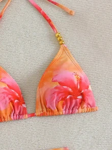 SHEIN Swim 女款3件組花卉隨機印花夏季性感V領掛脖綁帶比基尼套裝附罩衫裙 - 彩色 - 查看 6