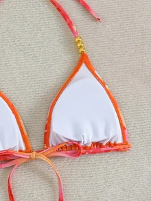SHEIN Swim 女款3件組花卉隨機印花夏季性感V領掛脖綁帶比基尼套裝附罩衫裙 - 彩色 - 查看 5