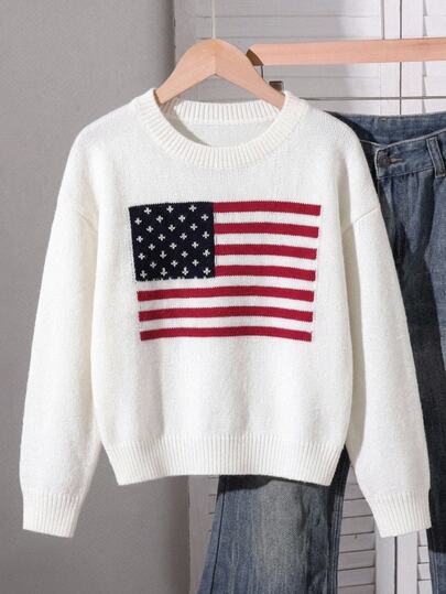 SHEIN Suéter de Tricô Branco de Inverno Y2k para Meninas Adolescentes, Estampa de Bandeira Americana para Formatura e Dia da Independência, Manga Longa Solta, Top de Tricô Estilo Universitário