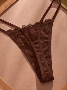 SHEIN Elacene 2件組性感蕾絲拼接前開扣女式內衣套裝 - 咖啡棕 - 查看 6