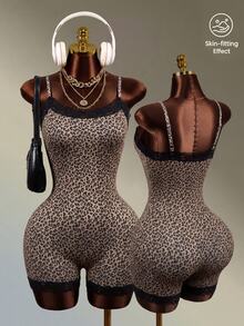 Mistrie Seamless Leopard Print Lace Trim Yoga Fitness Sports Camisole Romper Shorts - Black - View 1