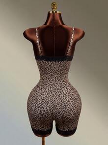 Mistrie Seamless Leopard Print Lace Trim Yoga Fitness Sports Camisole Romper Shorts - Black - View 2