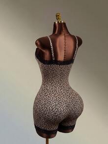 Mistrie Seamless Leopard Print Lace Trim Yoga Fitness Sports Camisole Romper Shorts - Black - View 5