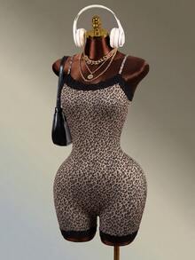 Mistrie Seamless Leopard Print Lace Trim Yoga Fitness Sports Camisole Romper Shorts - Black - View 4