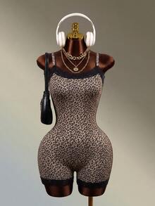 Mistrie Seamless Leopard Print Lace Trim Yoga Fitness Sports Camisole Romper Shorts - Black - View 3