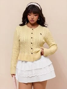 CovetEZ New Casual Equestrian Logo Ruffle Hem A-Line Round Neck Twisted Knit Long Sleeve Plus Size Sweater - Light Yellow - View 7