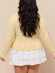 CovetEZ New Casual Equestrian Logo Ruffle Hem A-Line Round Neck Twisted Knit Long Sleeve Plus Size Sweater - Light Yellow - View 2