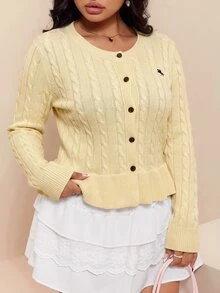 CovetEZ New Casual Equestrian Logo Ruffle Hem A-Line Round Neck Twisted Knit Long Sleeve Plus Size Sweater - Light Yellow - View 4