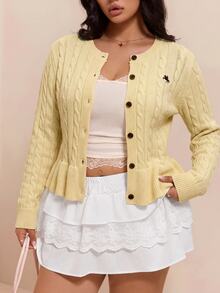 CovetEZ New Casual Equestrian Logo Ruffle Hem A-Line Round Neck Twisted Knit Long Sleeve Plus Size Sweater - Light Yellow - View 6