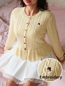 CovetEZ New Casual Equestrian Logo Ruffle Hem A-Line Round Neck Twisted Knit Long Sleeve Plus Size Sweater - Light Yellow - View 1