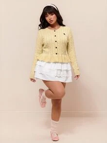 CovetEZ New Casual Equestrian Logo Ruffle Hem A-Line Round Neck Twisted Knit Long Sleeve Plus Size Sweater - Light Yellow - View 9