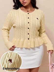 CovetEZ New Casual Equestrian Logo Ruffle Hem A-Line Round Neck Twisted Knit Long Sleeve Plus Size Sweater - Light Yellow - View 3