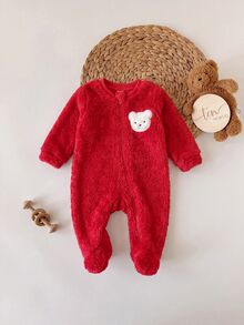 SHEIN 兒童新生兒可愛休閒秋冬紅色卡通圖案長袖連身衣 - 紅色 - 查看 4