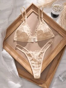 SHEIN Elacene 3SETS Sexy Lace Patchwork Front Closure Women's Lingerie Set - Apricot - View 2