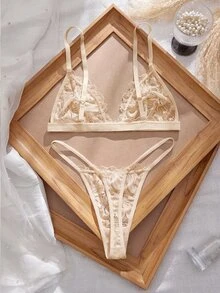 SHEIN Elacene 3SETS Sexy Lace Patchwork Front Closure Women's Lingerie Set - Apricot - View 3