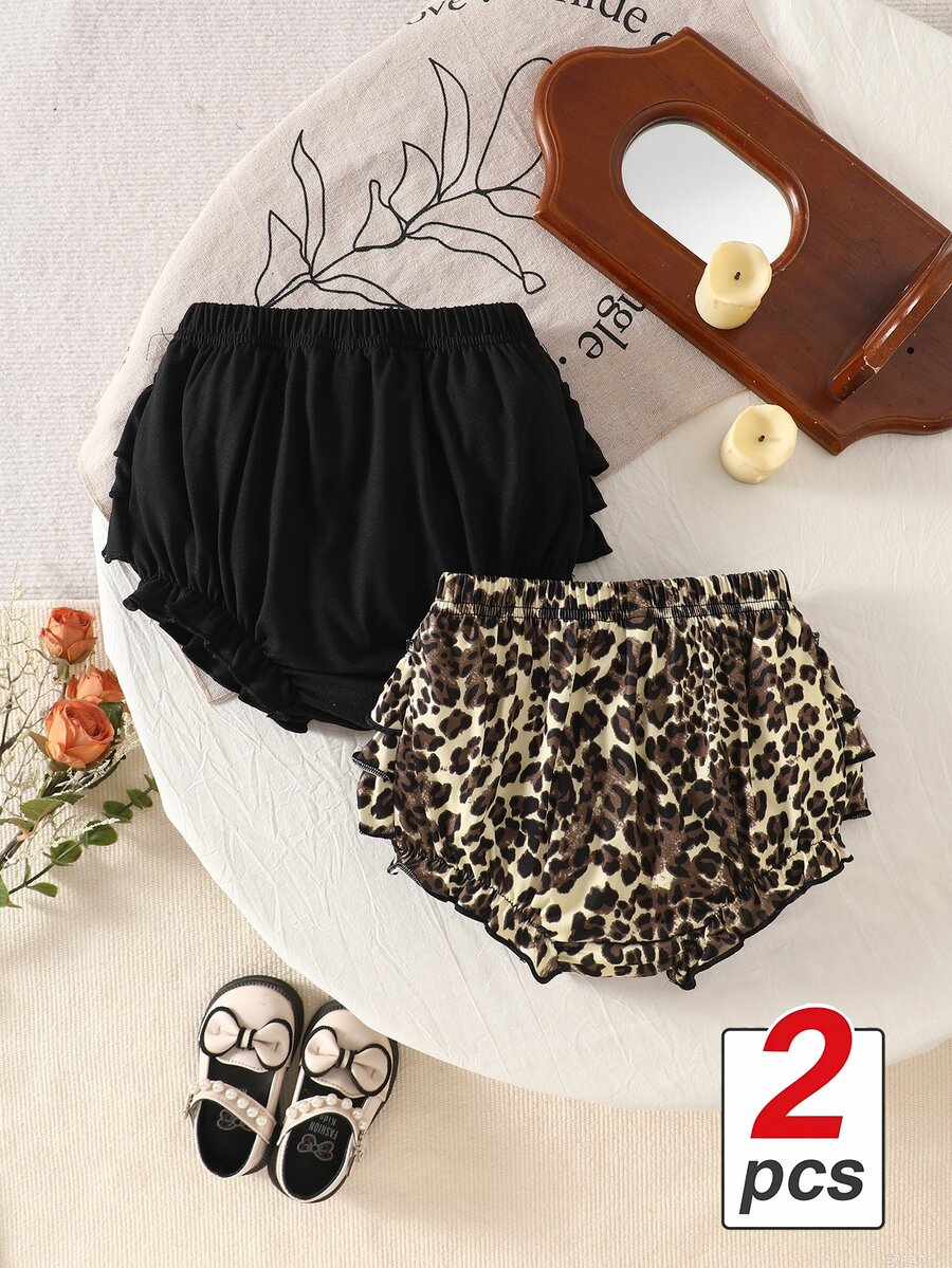 SHEIN Playful Pals 2pcs Baby Girls' Cute Elegant Leopard Print Floral Shorts Set, Spring/Summer