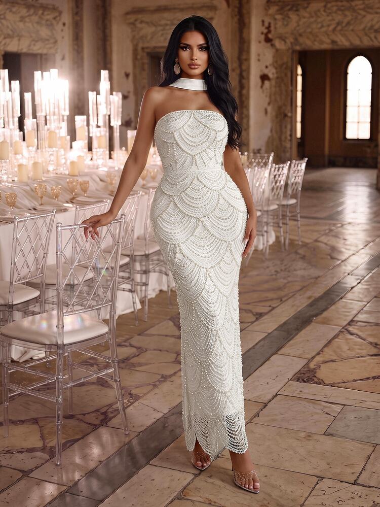 Coutiva Elegant Sexy Queen Strapless, Water-Soluble Floral Fan-Shaped Pearl, Straight Hem Wavy Edges Winter Wedding Formal Party Gala Dinner White - White - View 3