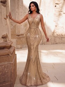 Elovaire Elegant Queen Sequined Embroidered Deep V-Neck Backless Mermaid Skirt Formal Party Evening Gown, Suitable For Wedding Guests, Mother-In-Law's Wedding - Champagne - View 5