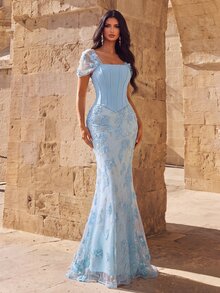 Coutiva Elegant Sequined 3D Floral-Patterned Square-Neck Deep-Back 2 In 1 Mermaid-Style Hem Evening Gown Bridal Wedding Wedding Guest Sky Blue Winter - Baby Blue - View 6