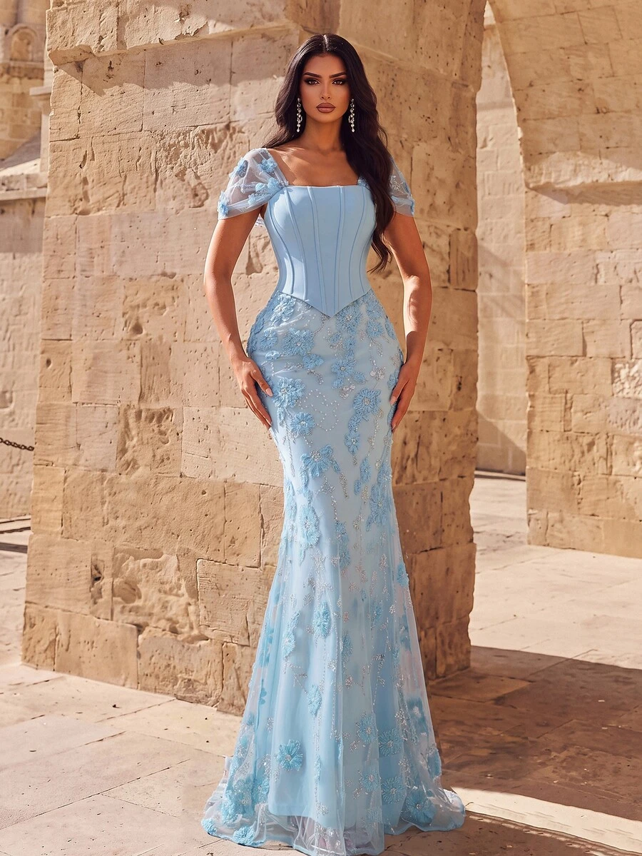 Coutiva Elegant Sequined 3D Floral-Patterned Square-Neck Deep-Back 2 In 1 Mermaid-Style Hem Evening Gown Bridal Wedding Wedding Guest Sky Blue Winter