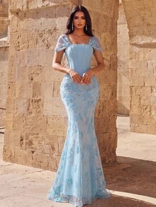 Coutiva Elegant Sequined 3D Floral-Patterned Square-Neck Deep-Back 2 In 1 Mermaid-Style Hem Evening Gown Bridal Wedding Wedding Guest Sky Blue Winter - Baby Blue - View 5