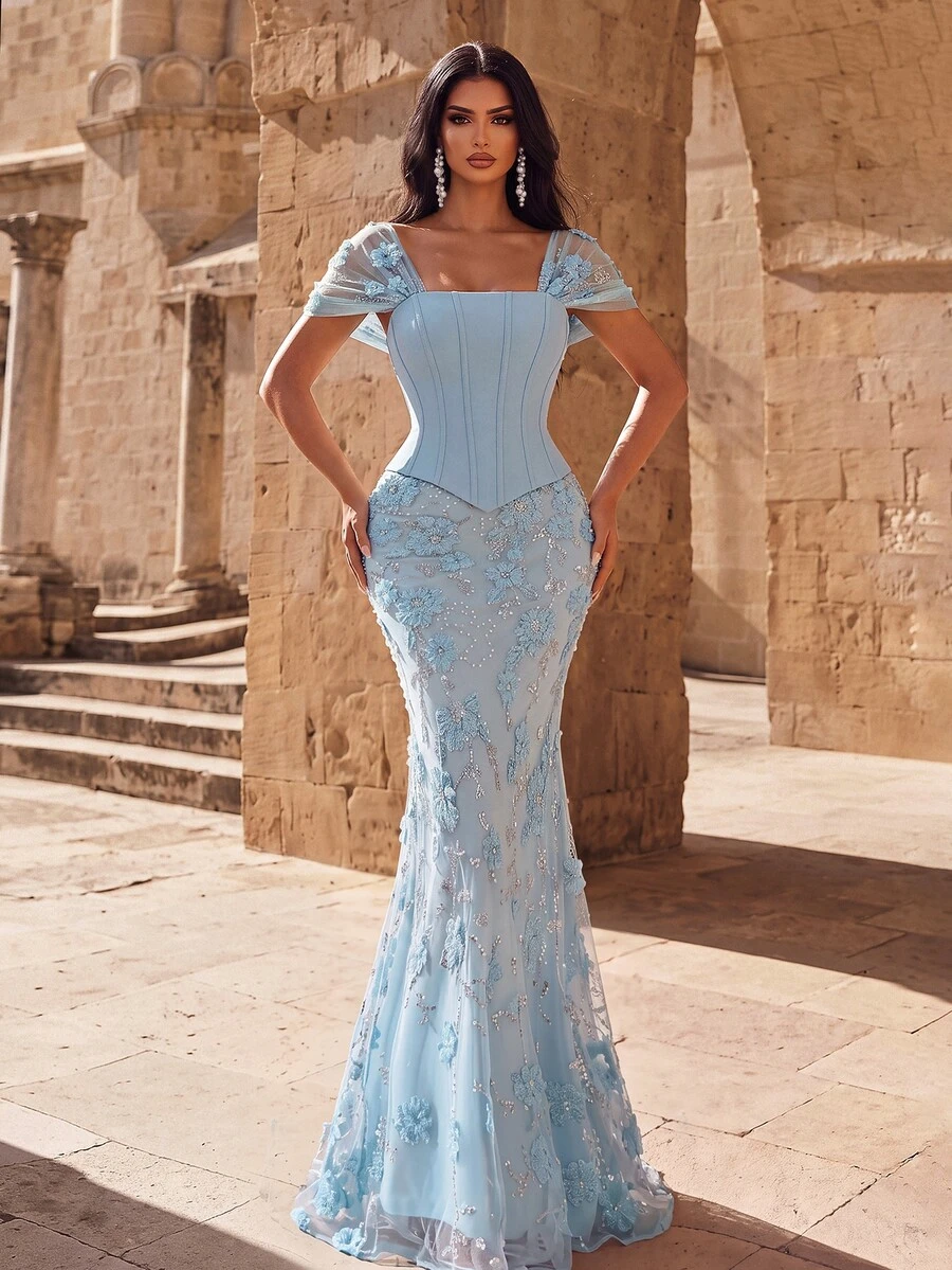 Coutiva Elegant Sequined 3D Floral-Patterned Square-Neck Deep-Back 2 In 1 Mermaid-Style Hem Evening Gown Bridal Wedding Wedding Guest Sky Blue Winter