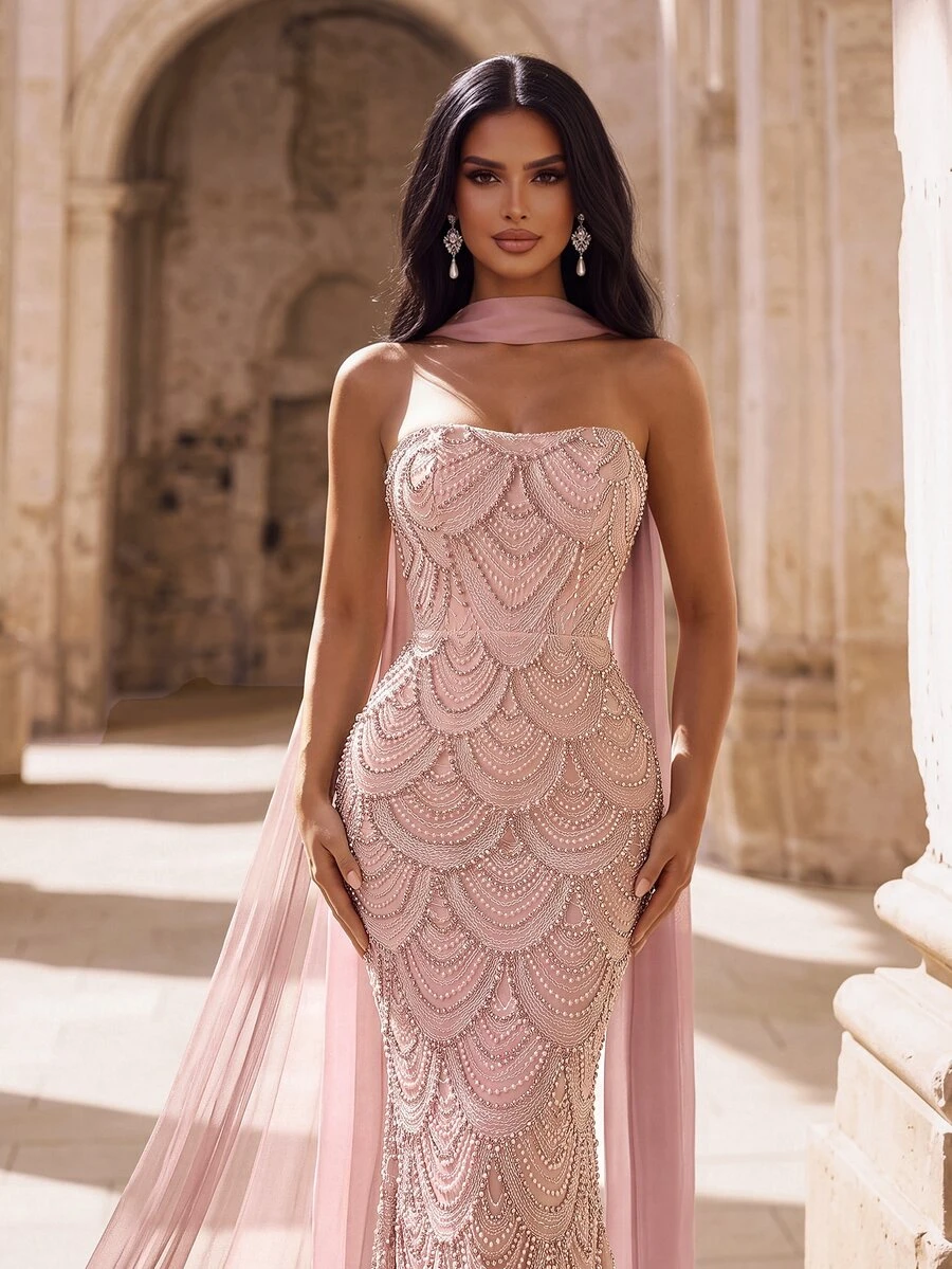 Coutiva Elegant Strapless Backless Suspender Dress Fan-Shaped Pearl Ribbon Design Bodycon Straight Hem Birthday Formal Vow Party Wedding Blush Pink Winter - Pink - View 1