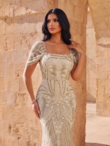 Elovaire Plus Size Elegant Luxury Beaded Rhinestone Contrast Bubble Bead Mermaid Dress, Elegant Evening Dress, Suitable For Cocktail Party, Dance Wedding Guest Dress, Suitable For Graduation Ceremony, Dinner Party - Apricot - View 4