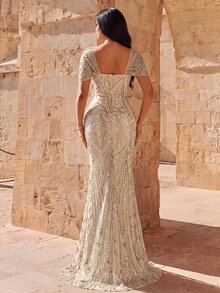 Elovaire Plus Size Elegant Luxury Beaded Rhinestone Contrast Bubble Bead Mermaid Dress, Elegant Evening Dress, Suitable For Cocktail Party, Dance Wedding Guest Dress, Suitable For Graduation Ceremony, Dinner Party - Apricot - View 2