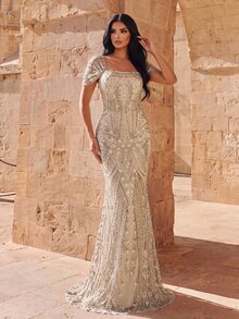 Elovaire Plus Size Elegant Luxury Beaded Rhinestone Contrast Bubble Bead Mermaid Dress, Elegant Evening Dress, Suitable For Cocktail Party, Dance Wedding Guest Dress, Suitable For Graduation Ceremony, Dinner Party - Apricot - View 3