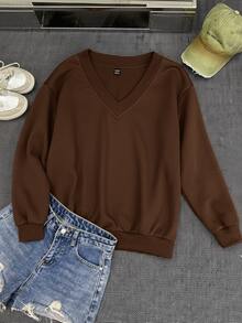 SHEIN EZwear Casual Minimalist V-Neck Oversized Loose Fit Sweatshirt, Suitable For Autumn/Winter - Brown - View 4