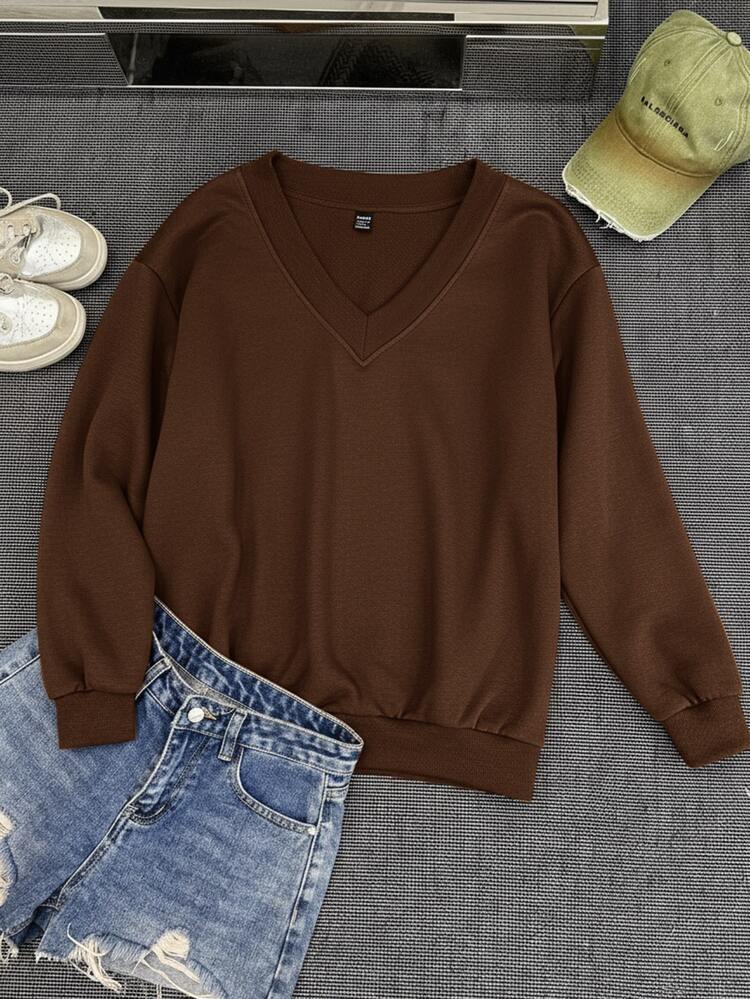 SHEIN EZwear Sweatshirt Kasual Minimalis dengan Leher V, Ukuran Longgar, Cocok untuk Musim Gugur/Musim Dingin - Coklat - View 4