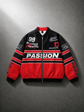 Street Life Chaqueta Bomber con Cremallera, Estampado de Letras y Rayas en Contraste para Hombres