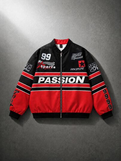 Street Life Men Letter Graphic Contrast Striped Print Zip Up Bomber Jacket
