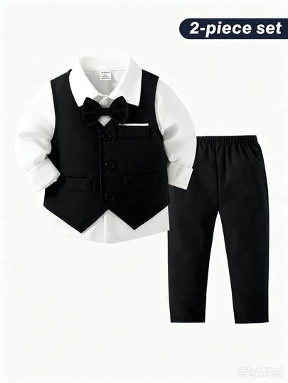 SHEIN 2pcs Baby Boy Suit Set: Plain Waistcoat And Trousers, Elegant Style Suitable For Birthday Party, Evening Party, Performance, Wedding Autumn Fall