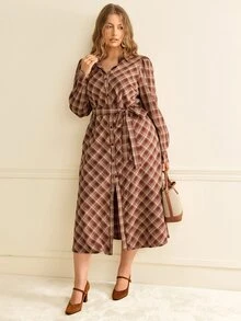 Elenzga Plus Size Casual Plaid Print Straight Dress With Pockets, Round Neck, Front Opening And Belt - Multicolor - View 4