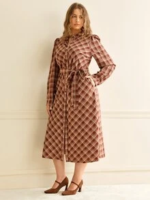 Elenzga Plus Size Casual Plaid Print Straight Dress With Pockets, Round Neck, Front Opening And Belt - Multicolor - View 6