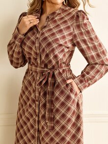 Elenzga Plus Size Casual Plaid Print Straight Dress With Pockets, Round Neck, Front Opening And Belt - Multicolor - View 3