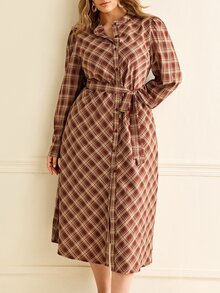 Elenzga Plus Size Casual Plaid Print Straight Dress With Pockets, Round Neck, Front Opening And Belt - Multicolor - View 1