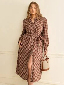 Elenzga Plus Size Casual Plaid Print Straight Dress With Pockets, Round Neck, Front Opening And Belt - Multicolor - View 5