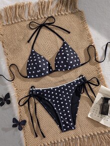 Sunnyshic 2pcs/Set Summer New Random Print Black And White Polka Dot Triangle Halter Neck Bikini Set Ruffle Trim Sexy Elegant Vacation Beach Women Swimwear - Black and White - View 6