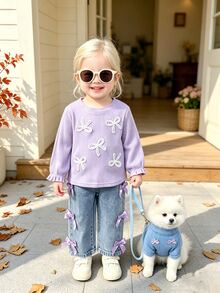 SHEIN Set 2 Potong Bayi Perempuan Musim Semi dan Gugur, Atasan Rajut Bertekstur dengan Manset Lebar Bordir Pita Putih & Celana Denim Lembut dengan Pita Satin Ungu 3D, Pakaian Kasual - Purple - View 2