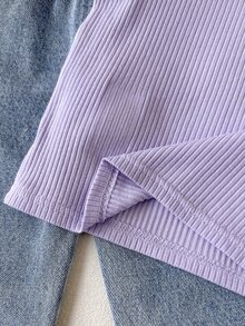 SHEIN Set 2 Potong Bayi Perempuan Musim Semi dan Gugur, Atasan Rajut Bertekstur dengan Manset Lebar Bordir Pita Putih & Celana Denim Lembut dengan Pita Satin Ungu 3D, Pakaian Kasual - Purple - View 9
