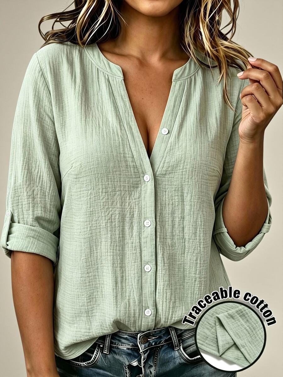 Linhara CURVE Plus Size Casual Textured V-Neck Single-Breasted Shirt Fall - Green - View 1