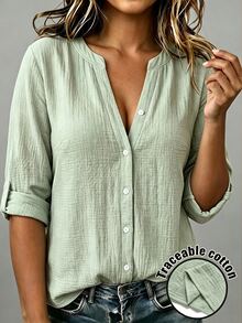 Linhara CURVE Plus Size Casual Textured V-Neck Single-Breasted Shirt Fall - Green - View 6